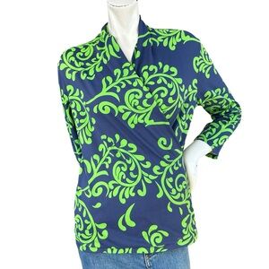 J. McLaughlin Blue & Green Swirl Print 3/4 Sleeve Catalina Faux Wrap Top Medium